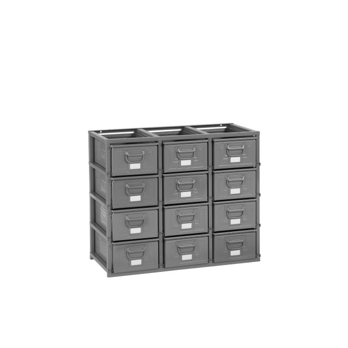 Rack de rangement 12 postes avec caisses métalliques vernies 27 litres – plan de travail et socle 1