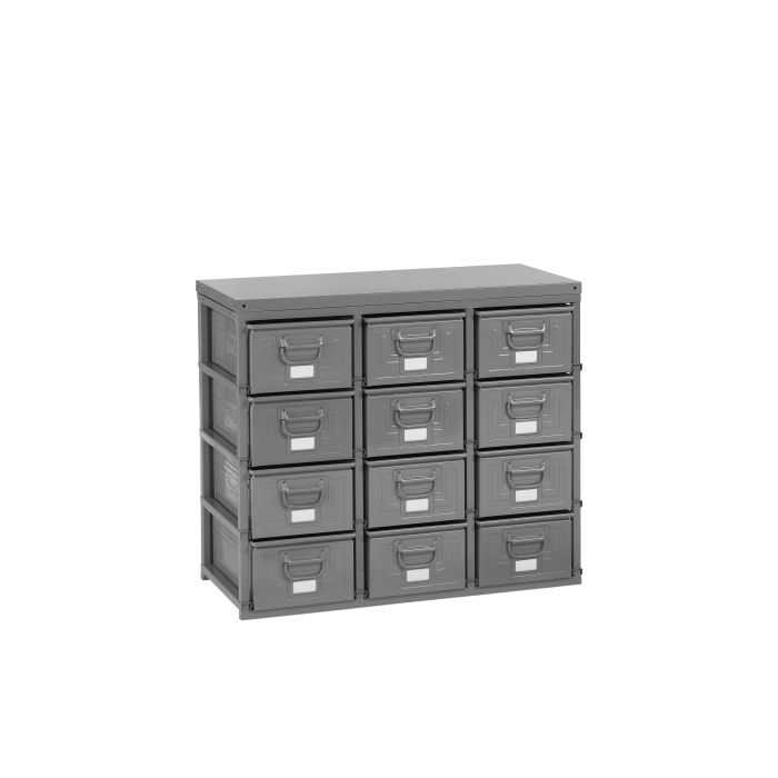 Rack de rangement 12 postes avec caisses métalliques vernies 27 litres – plan de travail et socle 2