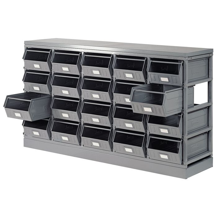 Rack de rangement 20 postes avec bacs métalliques vernis 28 litres – Tube acier gris – H. 885 x L. 1765 x P. 460 mm 1