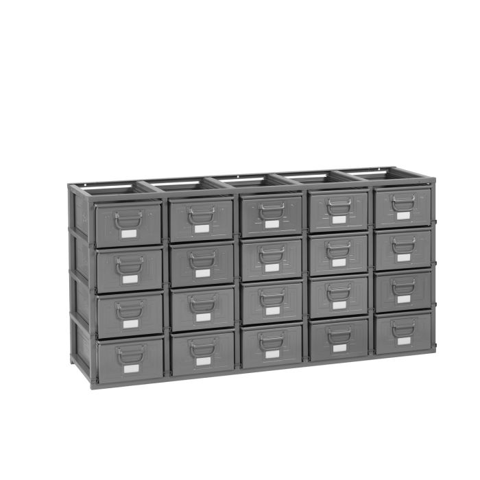 Rack de rangement 20 postes avec caisses métalliques vernies 27 litres – Socle et plan de travail renforcé 1