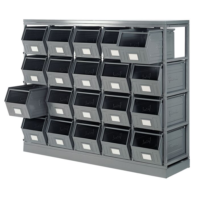 Rack de rangement avec 20 bacs métalliques vernis 42 litres – Structure métallique, empilable, plan de travail 1