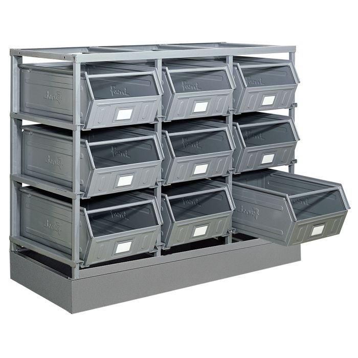 Rack de rangement 9 postes avec bacs métalliques vernis 88 litres – Structure métallique avec socle 1