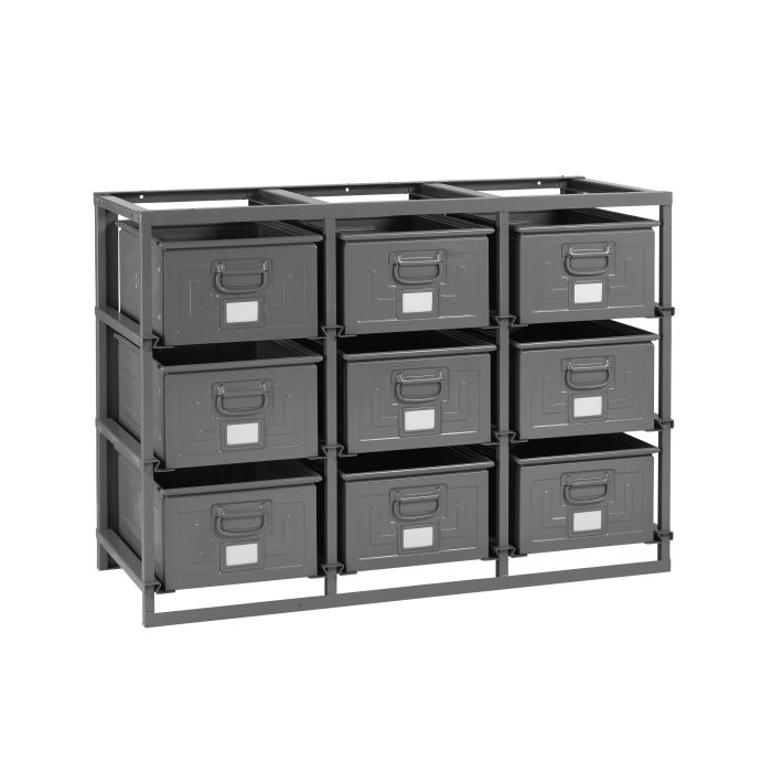 Rack de rangement 9 postes avec caisses métalliques vernies 85 litres – Socle métallique – Superposable 1