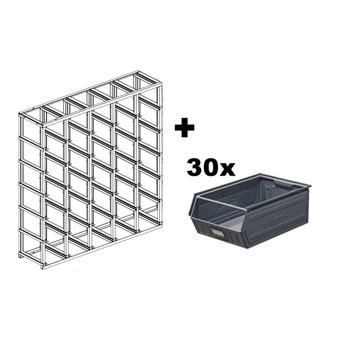 Rack de rangement 30 postes avec bacs métalliques vernis 28 litres – Socle et plan de travail – H. 1300 x L. 1765 x P. 460 mm 1