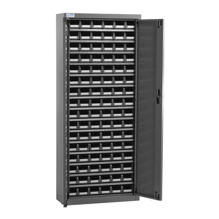 Armoire porte-bacs 96 bacs plastique gris 1 litre avec portes battantes – Structure métallique 15 niveaux 1