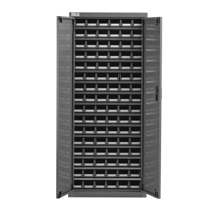 Armoire porte-bacs 96 bacs plastique gris 1 litre avec portes battantes – Structure métallique 15 niveaux 2
