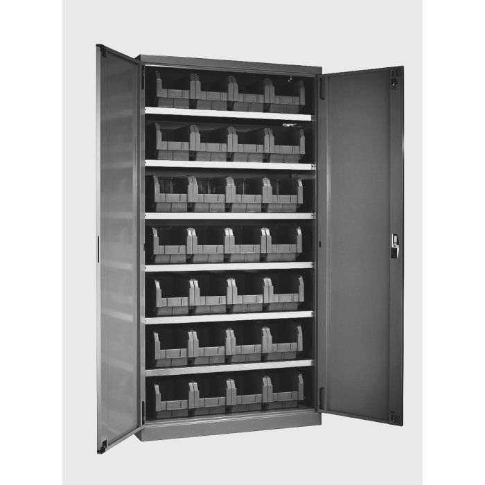 Armoire métallique 28 bacs plastiques Ecogreen gris 12.5L avec 2 portes battantes – 6 niveaux – Charge 100 kg/tablette 1