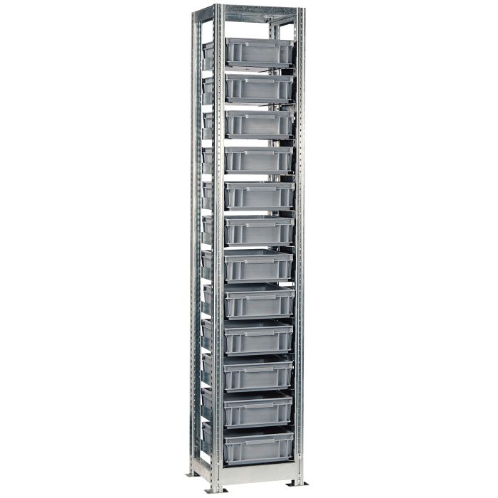 Rayonnage TR départ H.2010 mm pour caisse plastique 400×300 mm – 2 échelles, 1 paire socles, 1 tablette 1