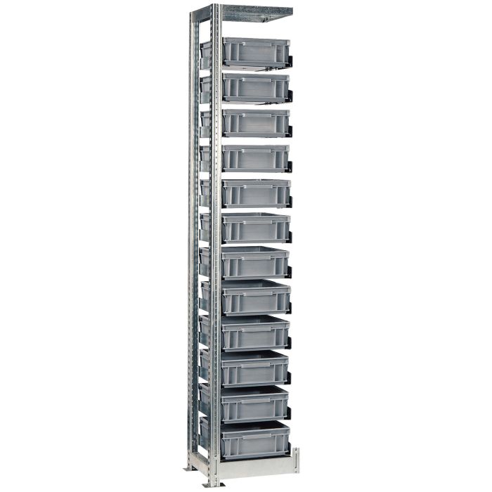 Rayonnage TR H.2010 mm pour caisse plastique 400×300 mm – Élément suivant avec tablette et socles 1