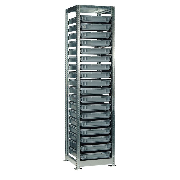 Rayonnage TR galvanisé pour caisse 600×400 mm – H.2010 mm – Charge 50 kg/niveau – Kit départ 1