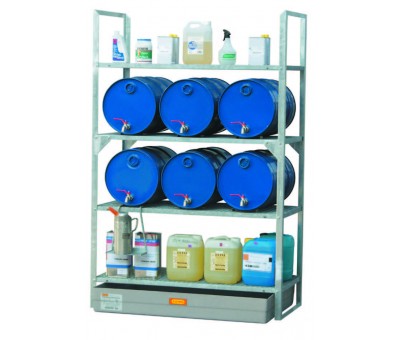 Rayonnage mi lourd 540 avec bac de rétention 150 litres – Stockage fûts et récipients – Charge 200 kg/niveau 1