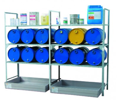 Rayonnage mi lourd 540 avec bac de rétention 150 litres – Stockage fûts et récipients – Charge 200 kg/niveau 3