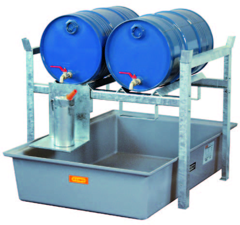 Support de fûts rayonnage lourd 400 – acier galvanisé avec bac de rétention 220 litres – charge 250 kg/niveau 1