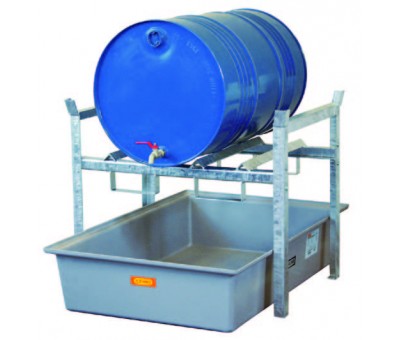 Support de fûts rayonnage lourd 400 – acier galvanisé avec bac de rétention 220 litres – charge 250 kg/niveau 2