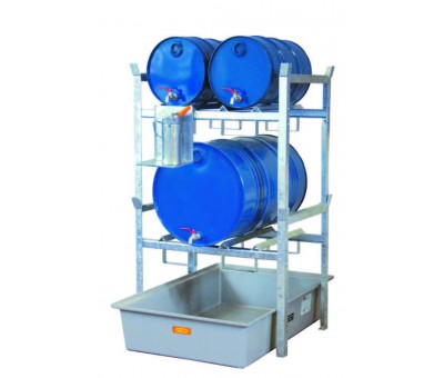 Rayonnage lourd à fûts et petits récipients 400 – Bac de rétention 220 litres – Acier galvanisé – Charge 250 kg/niveau 1