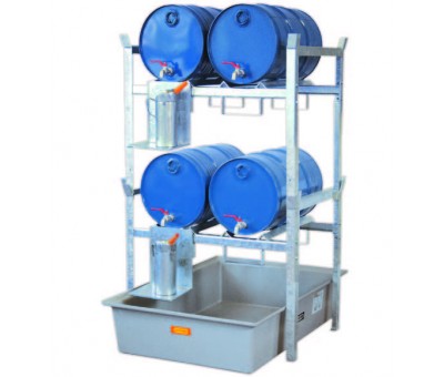 Rayonnage lourd à fûts et petits récipients 400 – Bac de rétention 220 litres – Acier galvanisé – Charge 250 kg/niveau 3