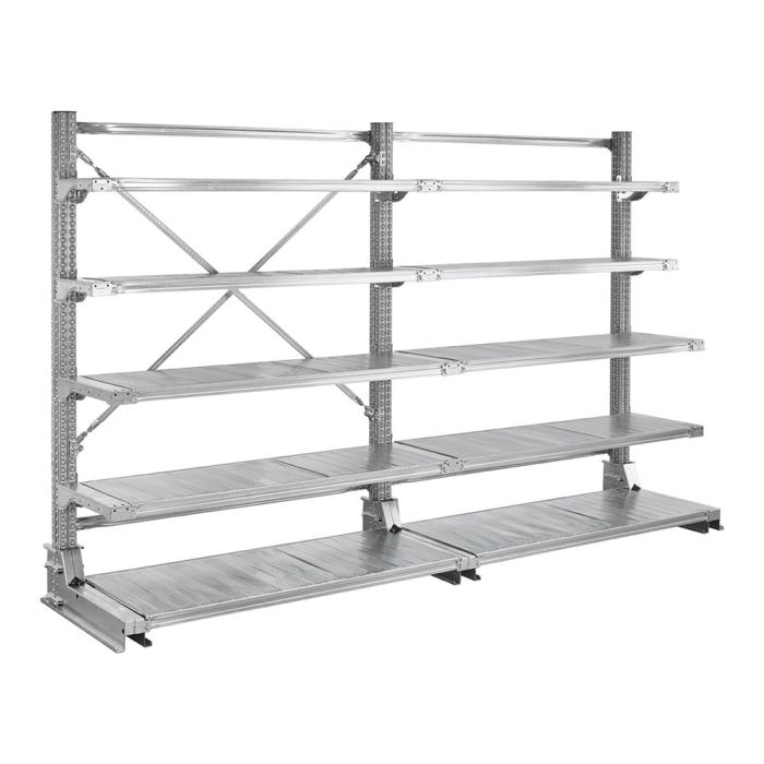 Rayonnage Cantilever léger galvanisé CANTISTAR – Simple face, longueur 3000 mm, avec tablettes réglables 1
