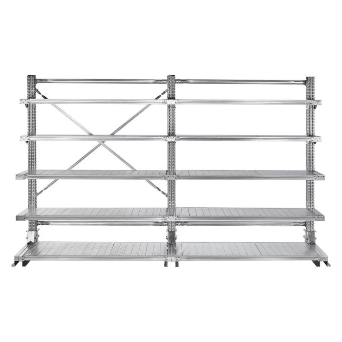 Rayonnage Cantilever léger galvanisé CANTISTAR – Simple face, longueur 3000 mm, avec tablettes réglables 3
