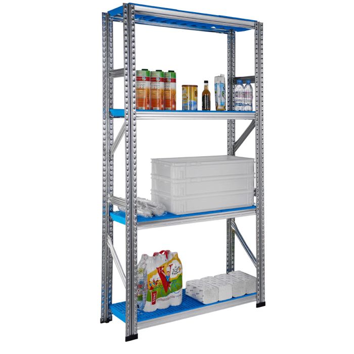 Rayonnage Galvaplast bleu L.900 x P.400 mm – 4 niveaux – Charge 130 kg par niveau – Etagère acier galvanisé 1