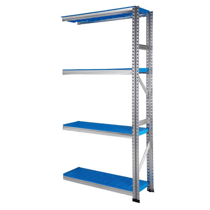 Rayonnage Galvaplast bleu L.900 x P.400 mm – Kit Suivant 4 niveaux – Charge 130 kg/tablette 1