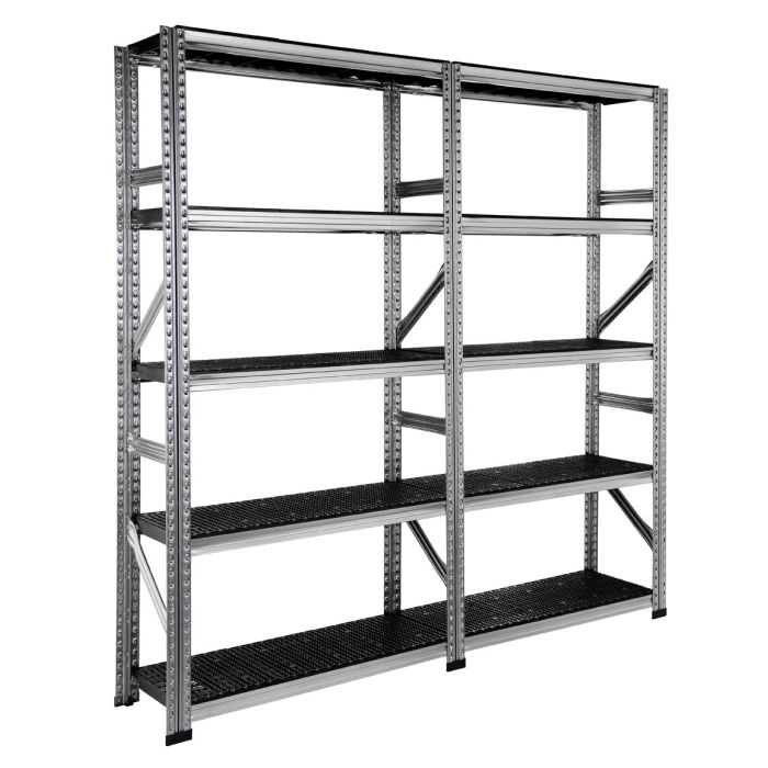 Rayonnage Galvaplast avec tablettes plastiques noires L.1880 mm – 3 échelles, 10 tablettes, charge 130 kg/niveau 1