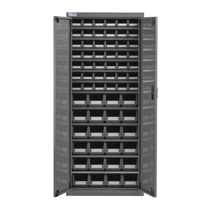 Armoire porte-bacs moyenne avec portes et 66 bacs gris – 42 bacs 1L et 24 bacs 3.8L – L.700 x P.270 x H.1655 mm 1