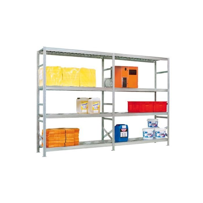 Kit rayonnage galvanisé mi lourd GV3 – 3 échelles et 8 tablettes – Longueur 3.6 m – charge 530 kg par niveau 1