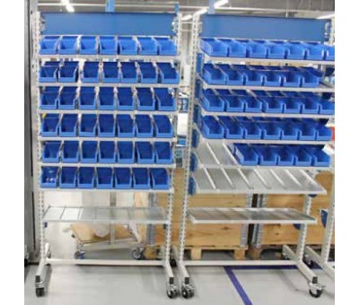 Stockeur de bacs mobile Provost pour approvisionnement bord de ligne – Rayonnage à bacs avec tablettes inclinables 1