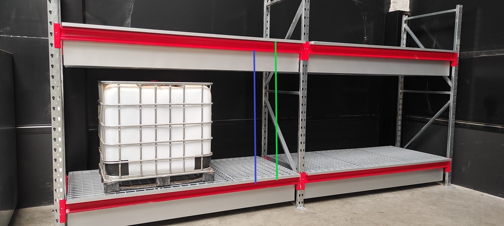 Rayonnage lourd pour une rétention de 1507 L – 2 niveaux – 3400 x 1250 x H5000 mm 1