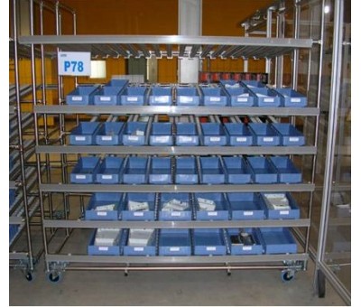Rack dynamique mobile pour bac tiroirs lean manufacturing – Rayonnage dynamique avec rails à galet et portes étiquettes 1