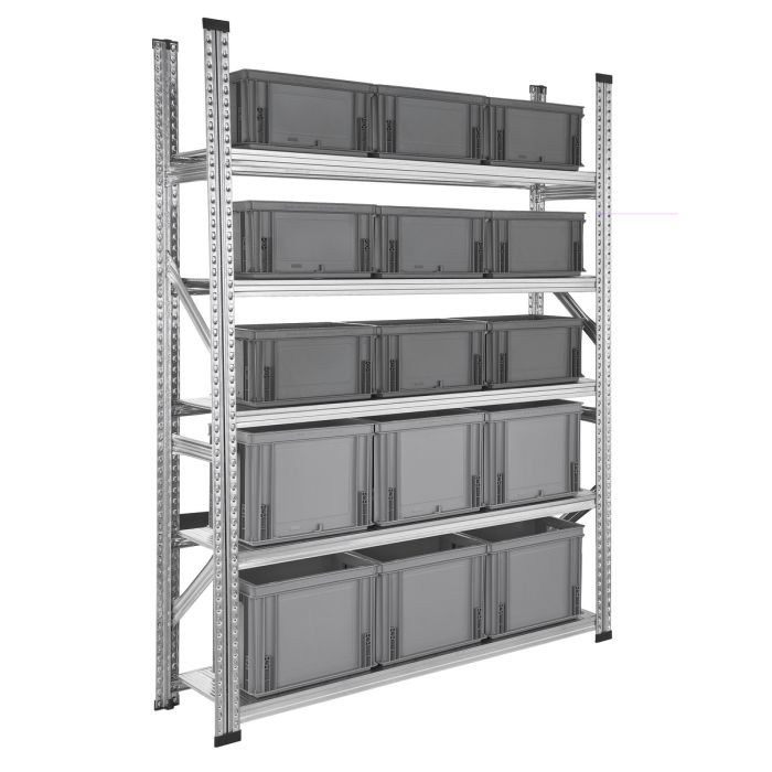 Rayonnage Galva avec caisses plastiques – 5 tablettes, 9 caisses Athéna 20 L et 6 caisses 30 L – L. 1430 x P. 400 x H. 1972 mm 1