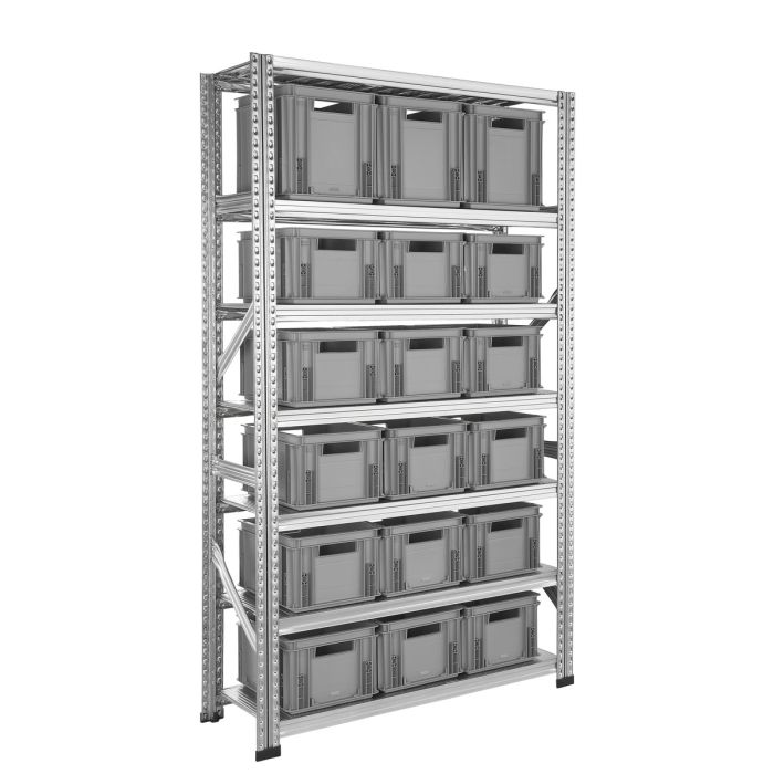 Rayonnage Galva avec caisses plastiques 2 GALVASTAR – 7 tablettes et 18 caisses Athéna 20L/30L – L. 1130 x P. 400 x H. 1972 mm 1
