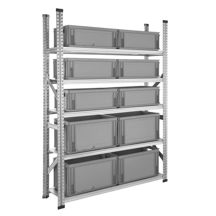 Rayonnage GalvaStar avec caisses plastiques 3 – 5 tablettes, 6 caisses Athéna 40 L et 4 caisses 60 L 1