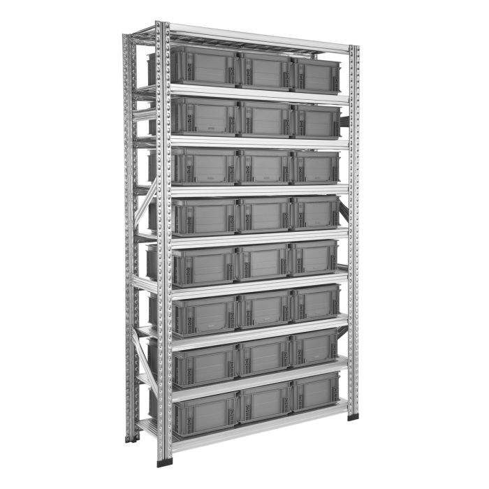 Rayonnage GalvaStar avec caisses plastiques Athéna 15 L – 9 tablettes et 24 caisses – L. 1130 x P. 400 x H. 1972 mm 1