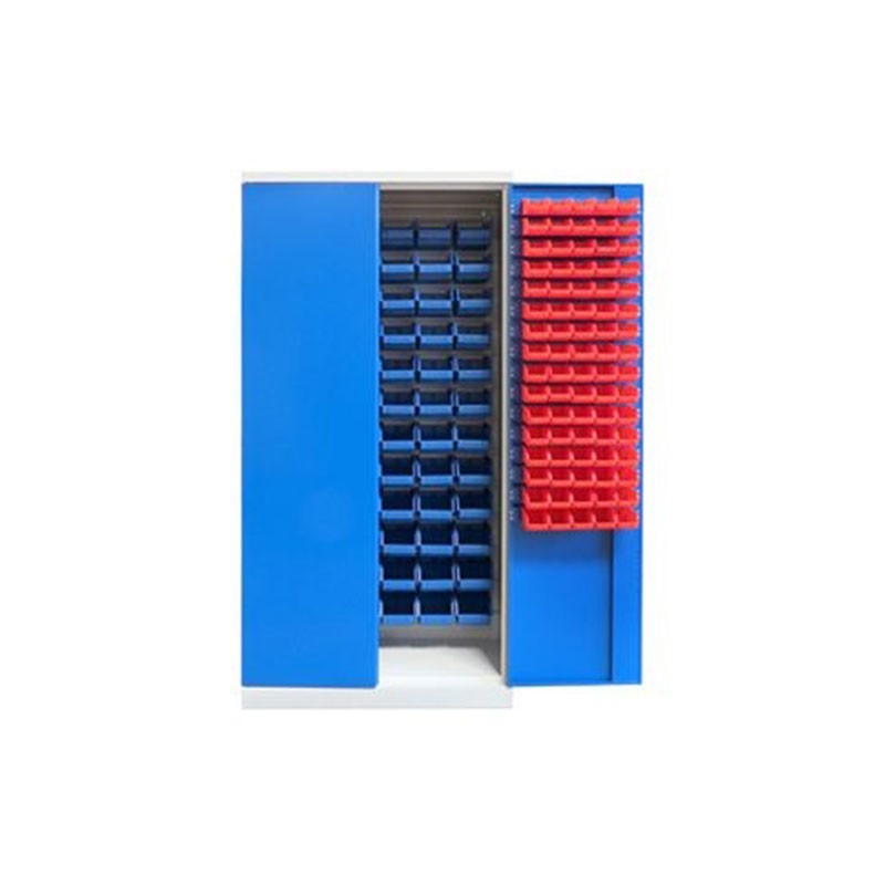 Armoire à bacs suspendus pour atelier – 232 bacs (72 bleus 3L, 160 rouges 0.4L) – Portes battantes – 1000 x 435 x 1990 mm 1