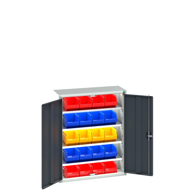 Armoire à bacs VERSO – Hauteur 1000 mm, largeur 800/1050 mm, profondeur 350/550 mm, avec 8 à 30 bacs et 3 ou 4 tablettes 1