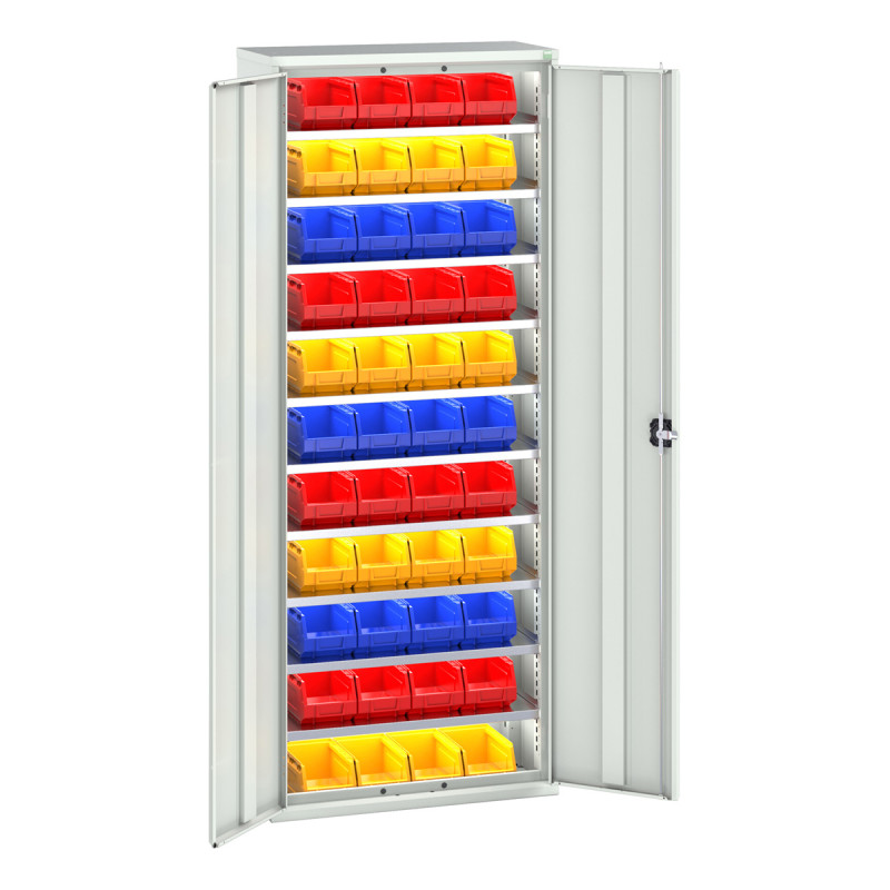 Armoire à bacs VERSO – Hauteur 2000 mm – Largeur 800/1050 mm – Profondeur 350/550 mm – 14 à 66 bacs – 6 ou 10 tablettes 3