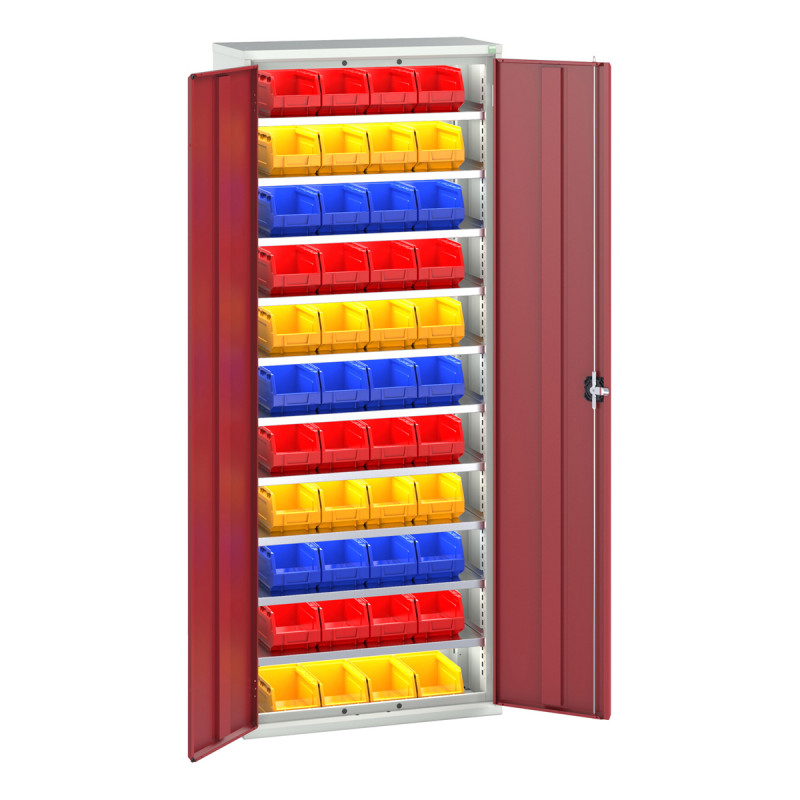 Armoire à bacs VERSO – Hauteur 2000 mm – Largeur 800/1050 mm – Profondeur 350/550 mm – 14 à 66 bacs – 6 ou 10 tablettes 4