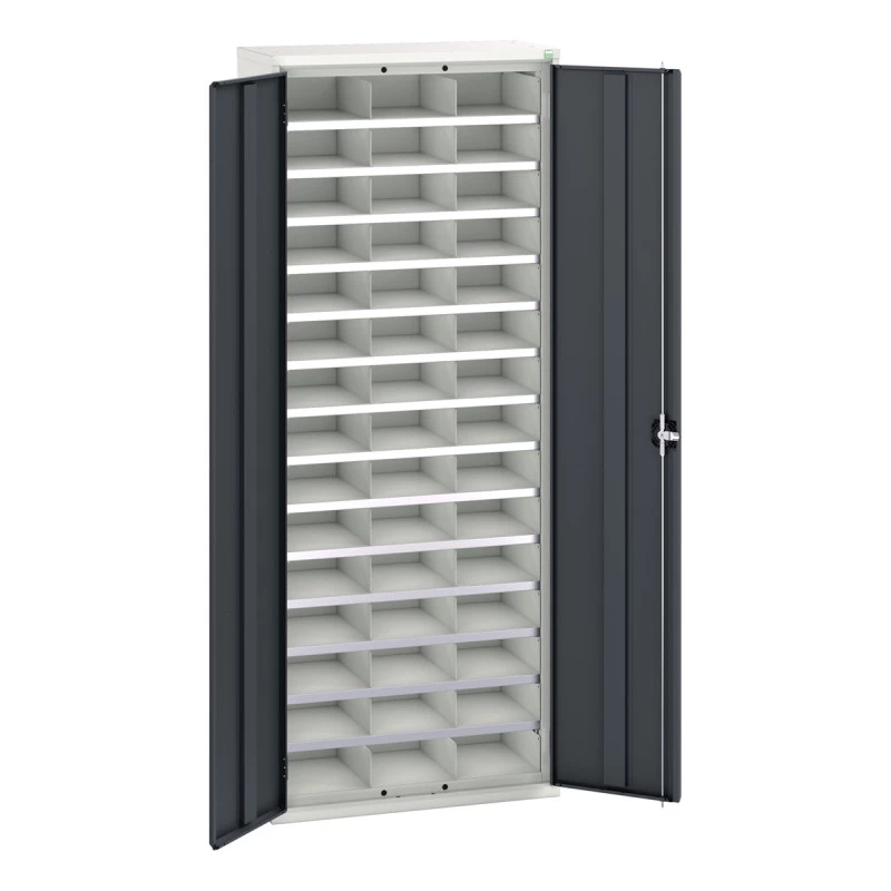 Armoire à cases VERSO – Hauteur 2000 mm, 45 ou 60 cases, 14 tablettes, châssis acier – Armoire d&rsquo;atelier à bacs 1