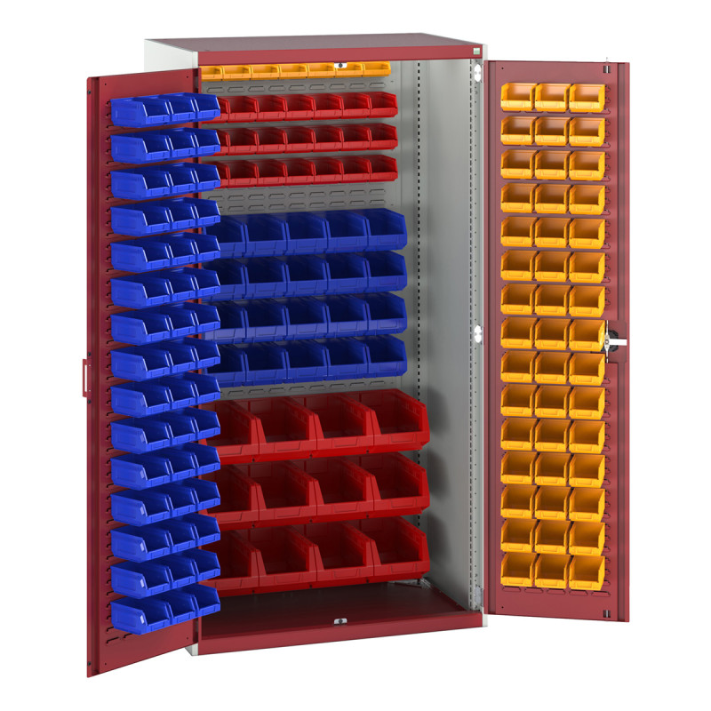 Armoire lourde CUBIO équipée de bacs – Hauteur 2000 mm, Largeur 1050 mm, Profondeur 650 mm – 150 ou 81 bacs avec panneau à encoches 3