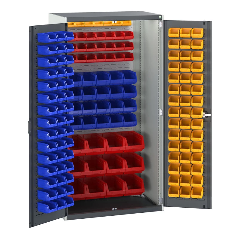 Armoire lourde CUBIO équipée de bacs – Hauteur 2000 mm, Largeur 1050 mm, Profondeur 650 mm – 150 ou 81 bacs avec panneau à encoches 1