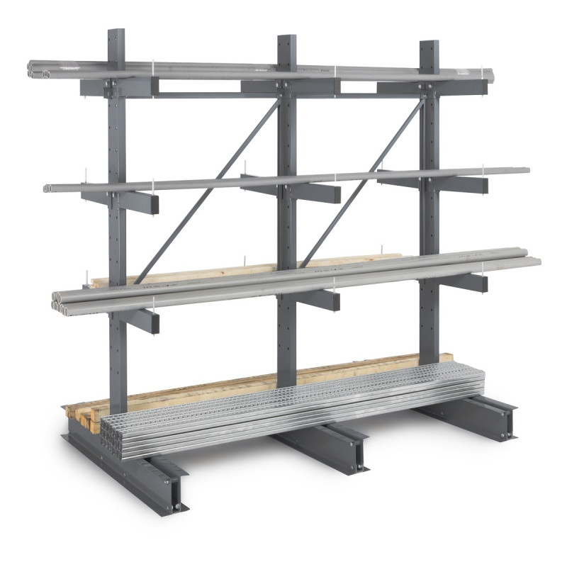 Cantilever léger double face – Rayonnage pour charges longues, hauteur 2000 mm, 3 niveaux, réglable 100 mm, finition RAL 7024 1