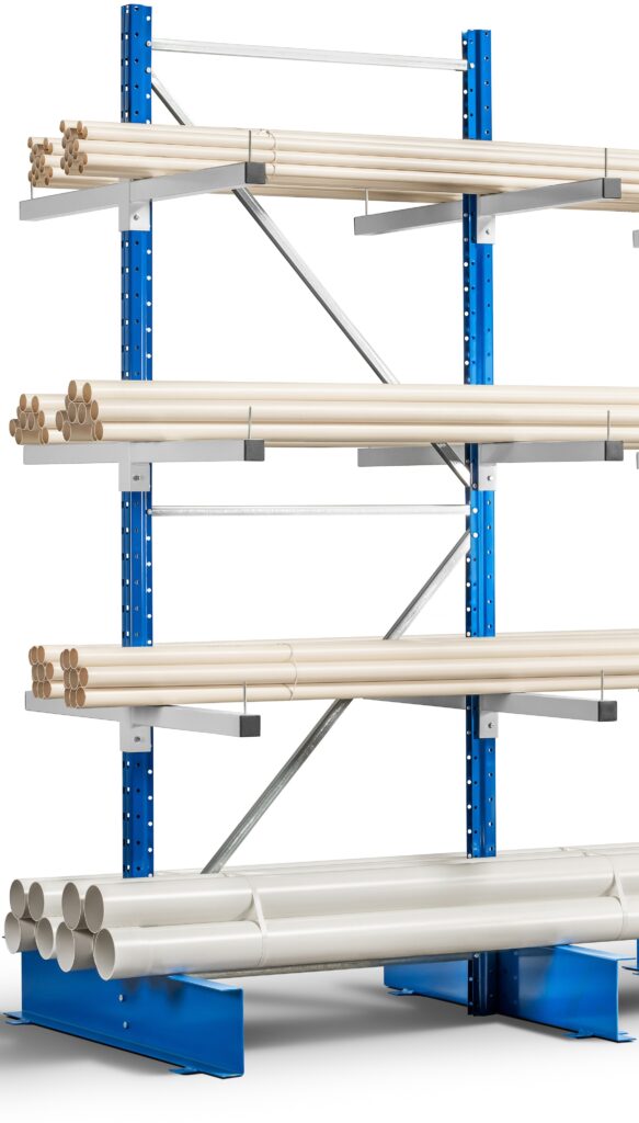 Cantilever double face léger – Hauteur 2000 mm, profondeur 2×500 mm, longueur 800 mm, 3 niveaux de bras + bases, neuf 1