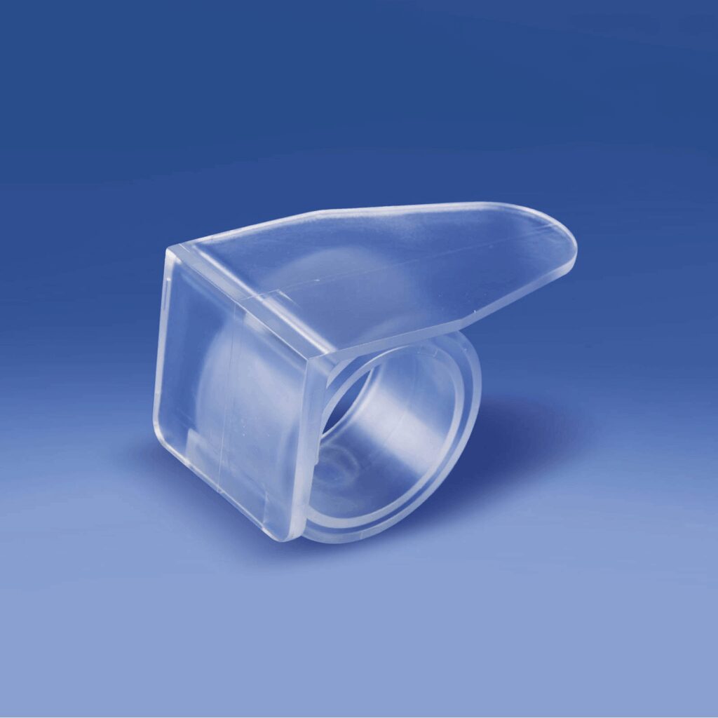 Clip escargot porte stop rayon – PLV bandeau et fronton haut de gondole – avec ou sans grippeur pour étagères 3 à 40mm 1