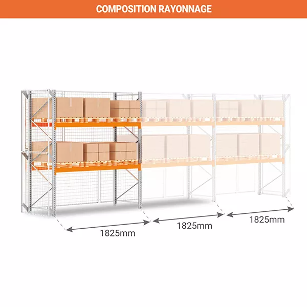 Rack à palettes sécurisé 2 niveaux – Hauteur 3000mm – Longueur 1825mm – Profondeur 1100mm – Capacité 2370kg/niveau – Stockage 6 palettes 2