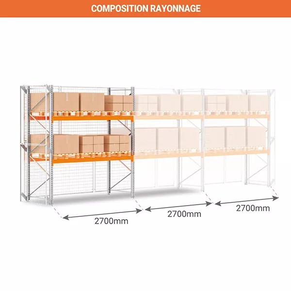 Rack à palettes sécurisé 2 niveaux – Hauteur 3000mm – Longueur 2700mm – Profondeur 1100mm – Capacité 3036kg/niveau – Stockage 9 palettes 2