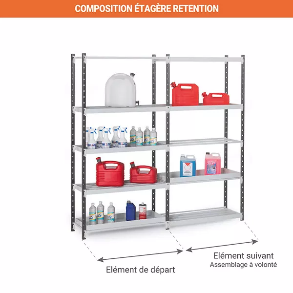 Rayonnage de rétention 5 niveaux – Bac de rétention 17 litres par niveau – Stockage liquides polluants 2