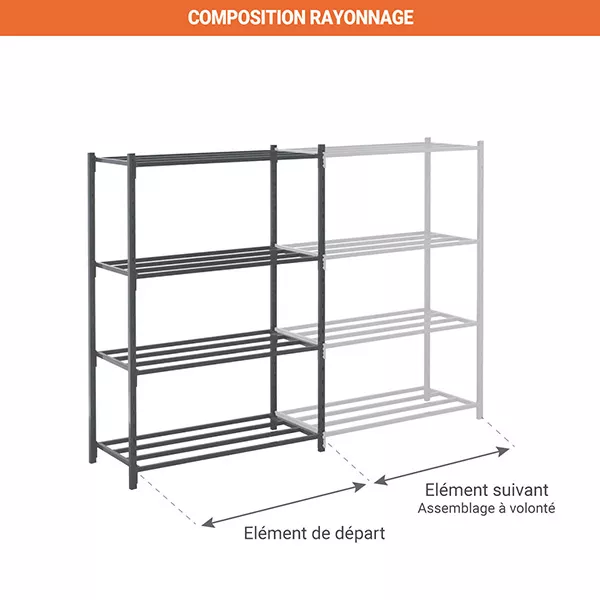 Rayonnage d&rsquo;atelier 4 niveaux tubulaire – Hauteur 2000 mm – Longueur 1010 mm – Stockage polyvalent 2