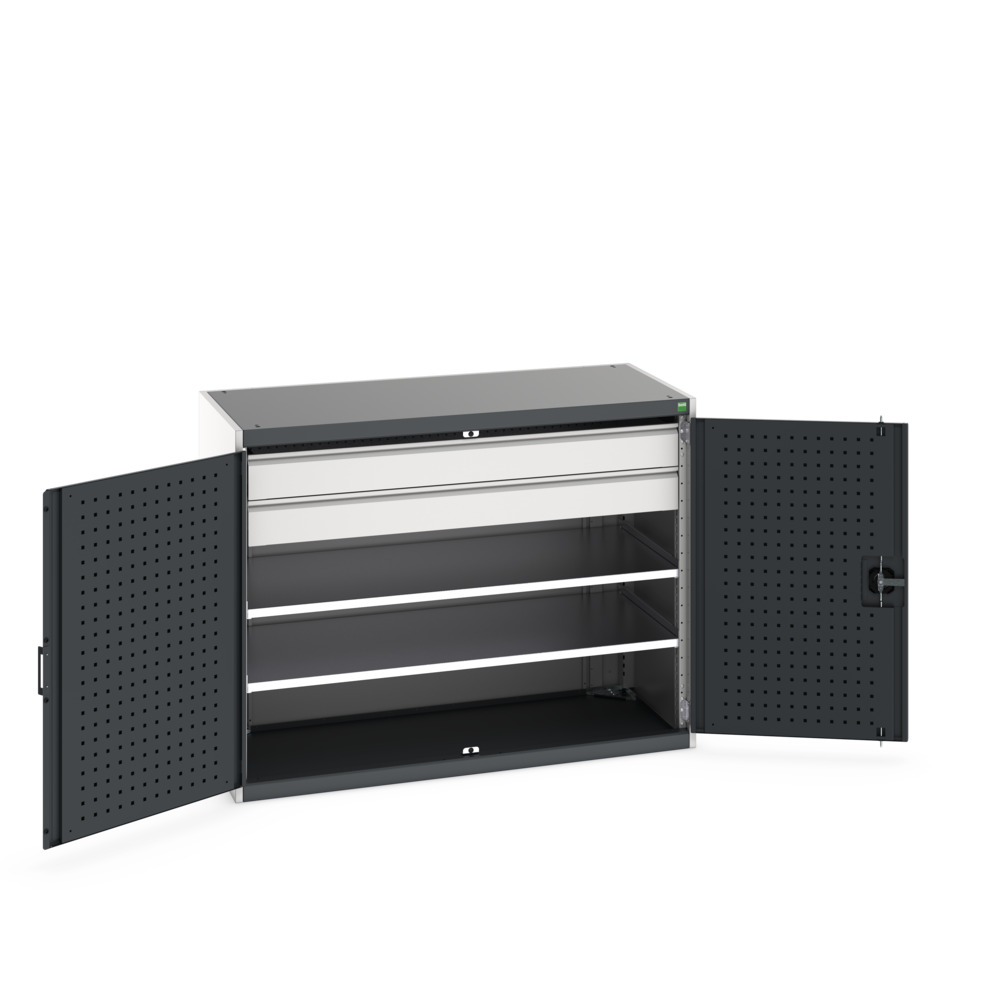 Armoire Cubio SMF-13610 avec portes perforées, 2 tablettes et 2 tiroirs – 1300x650x1000 mm 1