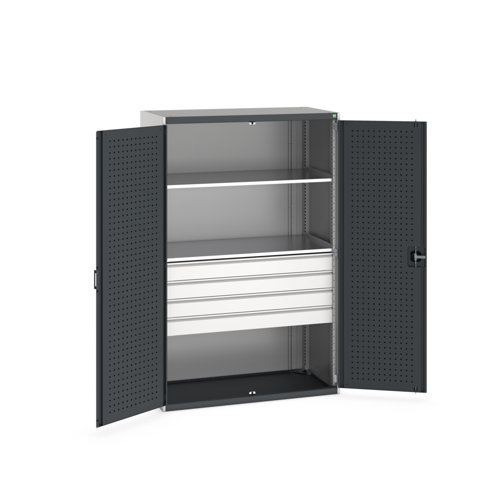 Armoire Cubio SMF-13620 avec portes perforées, 2 tablettes, 4 tiroirs – 1300x650x2000 mm 1